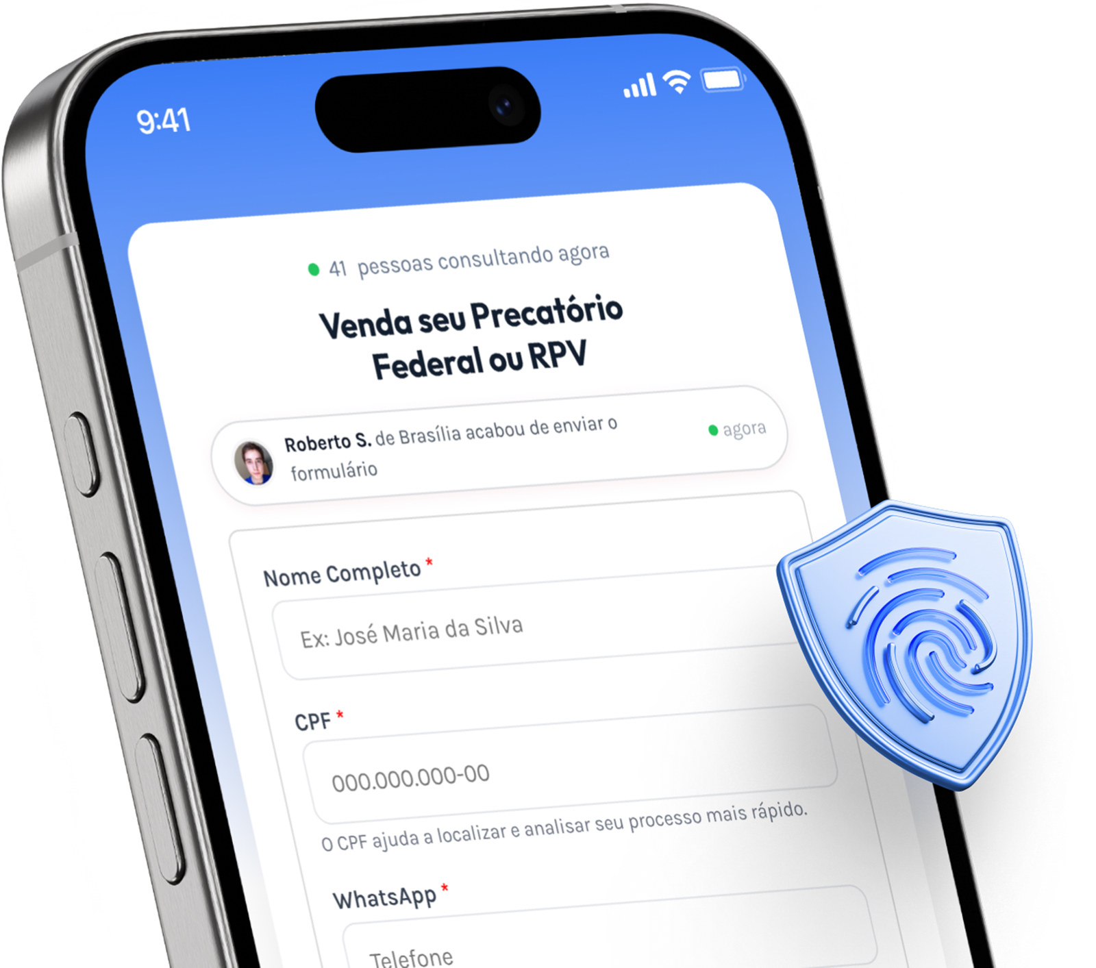 Tela de celular com formulário para venda de precatório federal ou RPV