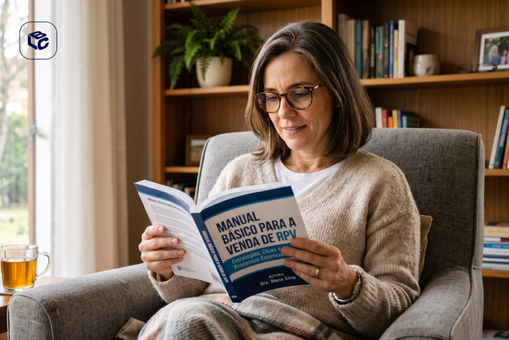 Mulher lendo "Manual Básico para Venda de RPV" em poltrona