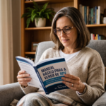 Mulher lendo "Manual Básico para Venda de RPV" em poltrona