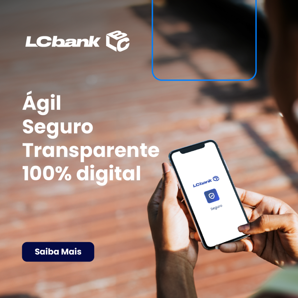 Logo LCbank e celular mostrando app seguro e transparente