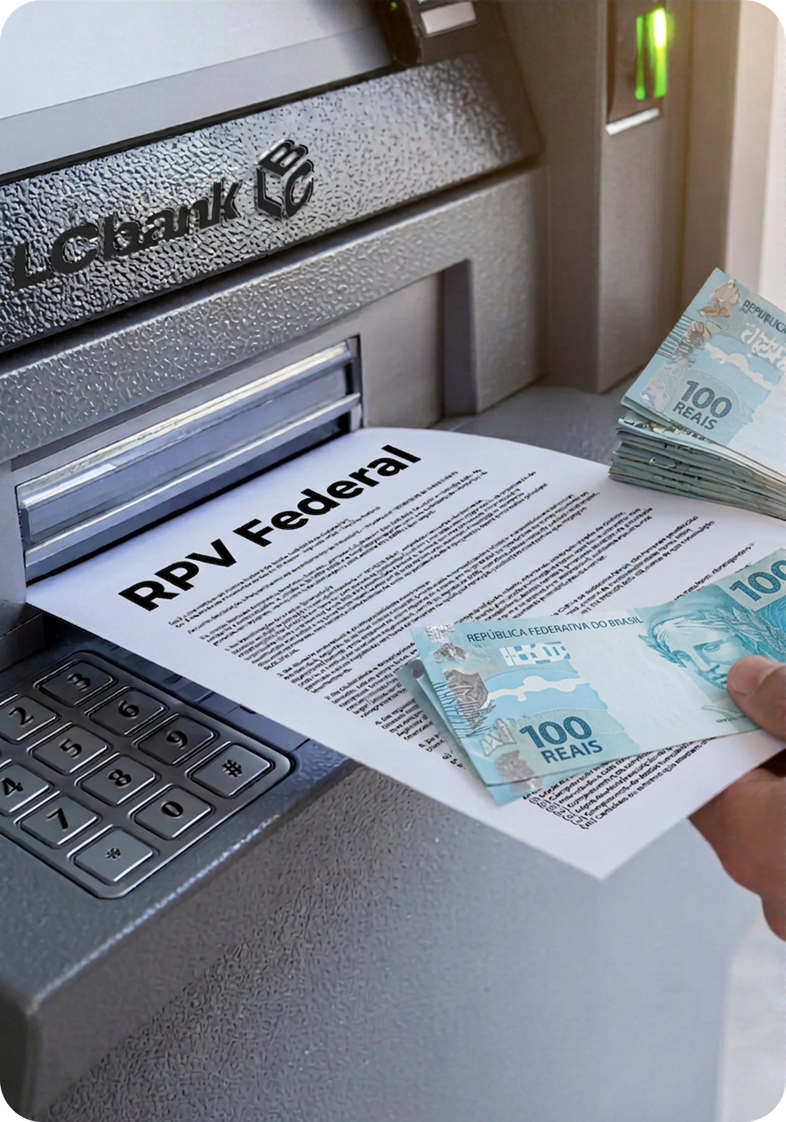 Saque de RPV Federal em caixa eletrônico com notas de 100 reais.