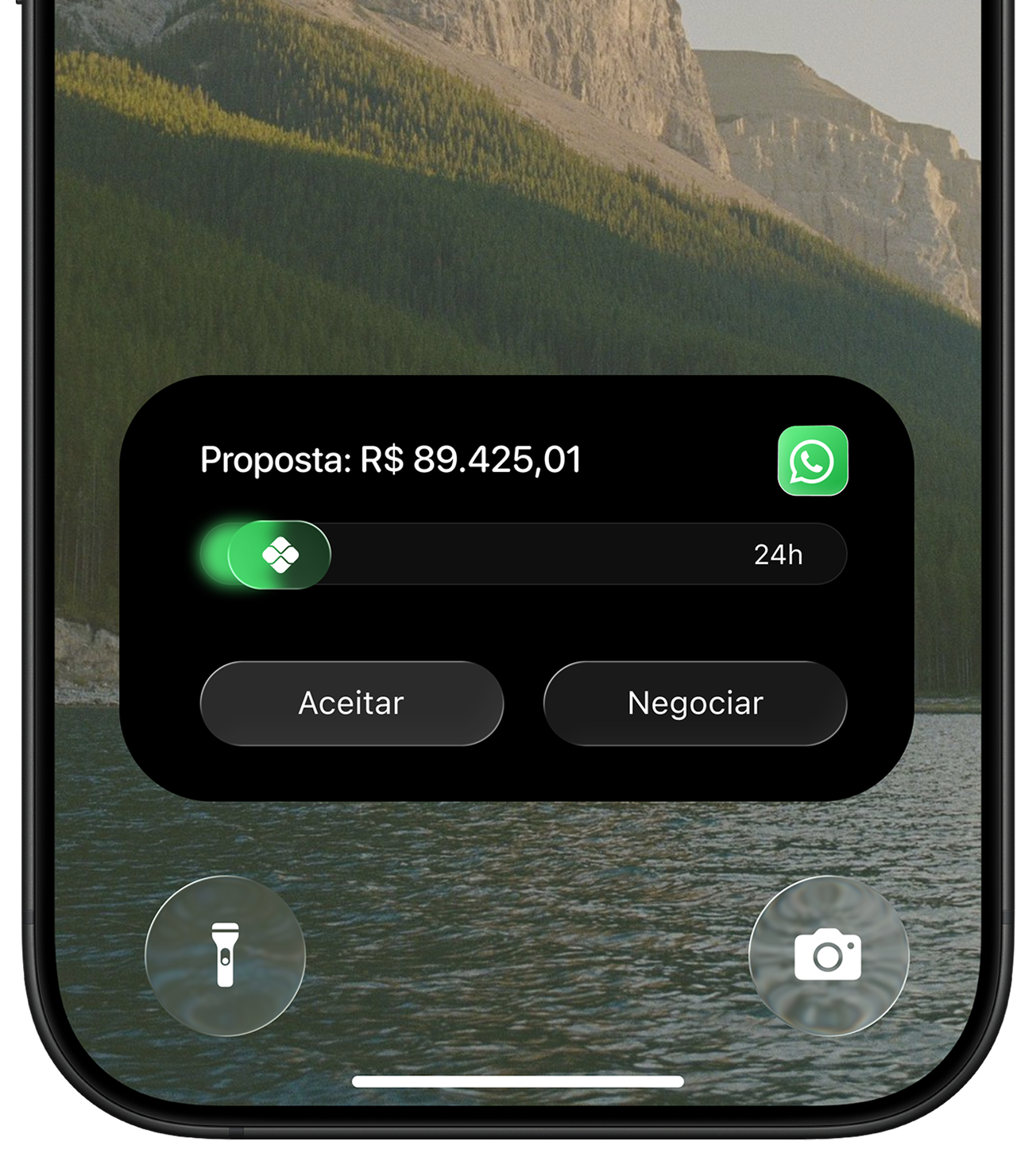 Proposta de R$ 89.425,01 no WhatsApp, com opções de Aceitar ou Negociar.