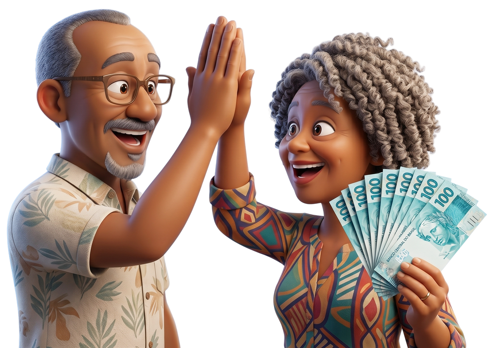 Casal idoso comemorando com notas de dinheiro brasileiro